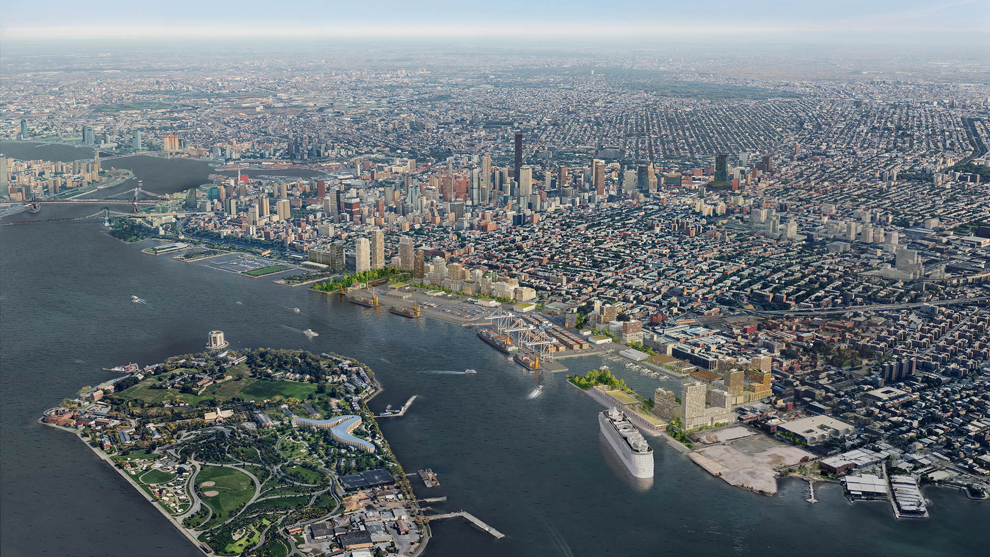 Aerial view of a redeveloped Brooklyn Marine Terminal in New York City, with skyscrapers, waterfront developments, and ships in the harbor; Governor’s Island appears green and lush in the foreground.