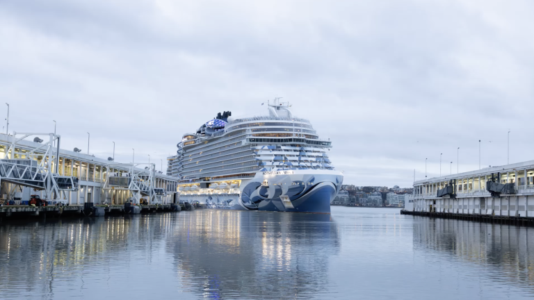 A large cruise ship, the Norwegian Prima, between two piers at the Manhattan Cruise Terminal on a calm, cloudy day. The ship features blue and white designs on its bow and is illuminated with lights. Buildings are visible in the background.