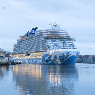 A large cruise ship, the Norwegian Prima, between two piers at the Manhattan Cruise Terminal on a calm, cloudy day. The ship features blue and white designs on its bow and is illuminated with lights. Buildings are visible in the background.